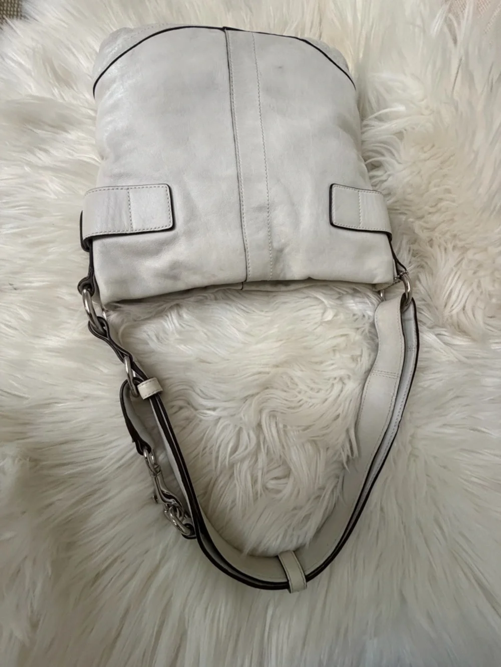 Vintage Coach White Leather Shoulder Bag with Silver Buckle Accents# 1452